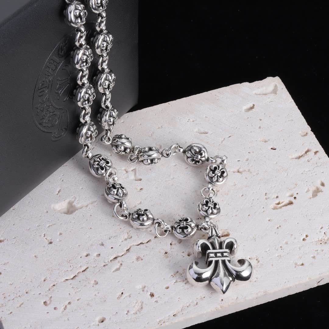 Chrome Hearts Sterling Silver Fleur-de-lis Rosary Necklace